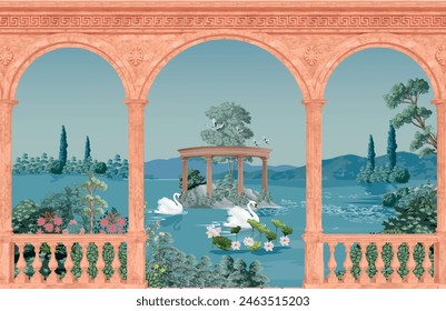 ancient greek garden wallpaper.Greek, Roman, Greek arch, garden, peacock, wallpaper Illustrations. Roman architecture dome, fountain, parrot landscape illustration for wallpaper.