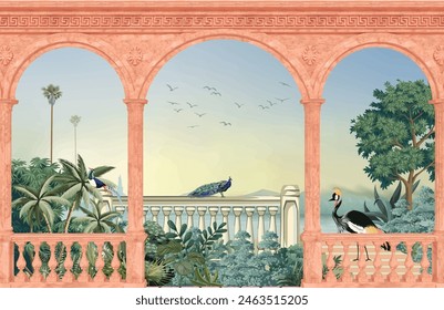 ancient greek garden wallpaper.Greek, Roman, Greek arch, garden, peacock, wallpaper Illustrations. Roman architecture dome, fountain, parrot landscape illustration for wallpaper.