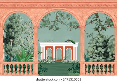 Ancient greek garden wallpaper.Greek, Roman, Greek arch, garden, peacock, wallpaper Illustrations. Roman architecture dome, fountain, parrot landscape illustration for wallpaper.