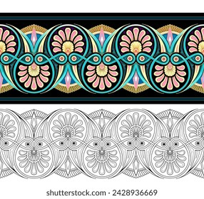 Ancient Greek geometric design. Seamless pattern. Classic ornament of antique border. Color and black and white template set. Print for decoration, fabric, embroidery, wallpaper. Vector illustration.