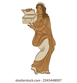 Ancient Greek girl holding an open box. Pandora. Vase painting style. Isolated vector illustration.