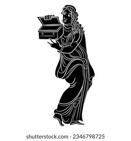 Ancient Greek girl holding an open box. Pandora. Vase painting style. Black and white negative silhouette.