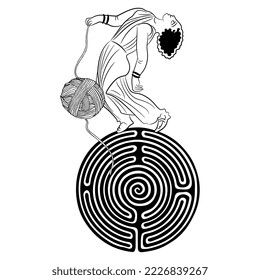 Ancient Greek girl holding yarn ball dancing on a round spiral maze or labyrinth symbol. Ariadne thread. Creative mythological concept. Black and white silhouette.
