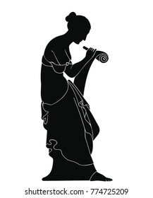 Ancient Greek girl sits, holds a papyrus and stylus and writes. Vector vintage drawing. Black pattern isolated on white background.