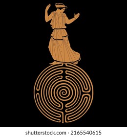 Ancient Greek girl standing on top of a round spiral maze or labyrinth symbol. Ariadne. Creative mythological concept. On black background.