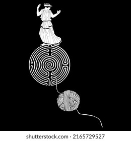 Ancient Greek girl standing on top of a round spiral maze or labyrinth symbol and a yarn ball. Ariadne thread. Creative mythological concept. Black and white silhouette.