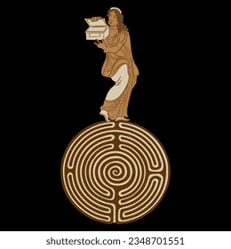 Ancient Greek girl standing on a round spiral maze or labyrinth symbol and holding an open box. Pandora. Creative mythological concept. On black background.