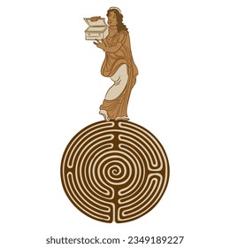 Ancient Greek girl standing on a round spiral maze or labyrinth symbol and holding an open box. Pandora. Creative mythological concept. Isolated vector illustration.