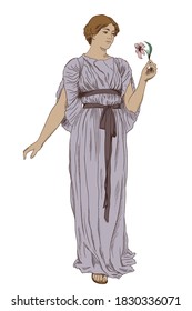 An ancient Greek girl in a tunic with a flower in her hand.