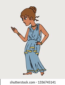 ancient greek girl in tunic, vector cartoon portrait of historic character in traditional clothing