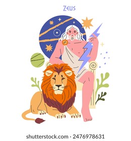 Ancient Greek God concept. Zeus seated with a thunderbolt, cosmic backdrop, and a majestic lion. Mythological ruler, divine power, and astrology elements. Vector illustration.