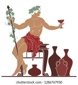 The Ancient Greek God Dionysus With A Glass And A Rod Sits Near The Jugs Of Wine.