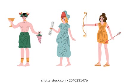 Ancient Greek God with Dionysus Holding Drinking Cup and Grape Vine and Artemis with Hunting Bow and Arrow Vector Set