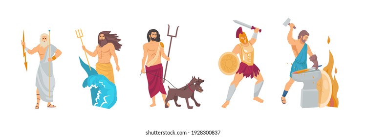 Ancient greek god. Greek God Hades, Hephaestus, Poseidon, Zeus, Ares. Patrons of the underworld, fire and crafts, sky, thunder and lightning, seas and oceans, war cartoon vector illustration