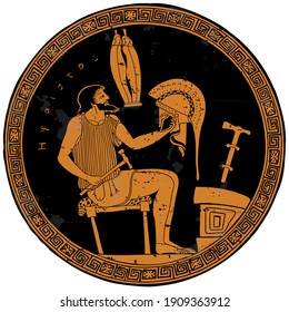 The ancient Greek god Hephaestus sits on a chair and creates a helmet for a warrior. Drawing on the bottom of a ceramic pot.