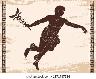 Ancient Greek god Hermes with a wand in his hand and wings on his feet. Image on a beige background with the effect of aging.