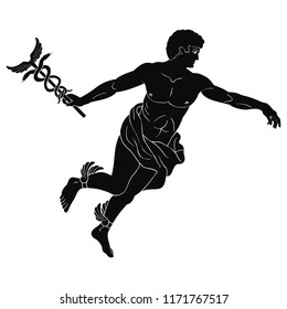 Ancient Greek god Hermes with a wand in his hand and wings on his feet. Figure on the bottom of the vase.