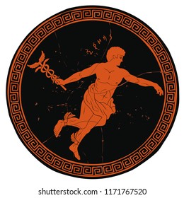 Ancient Greek god Hermes with a wand in his hand and wings on his feet. Figure on the bottom of the vase.