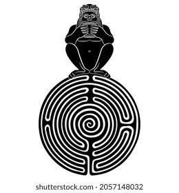 Ancient Greek god Pan sitting on top of a round spiral maze or labyrinth symbol and playing flute. Satyr or Silenus. Creative concept for antique culture. Black and white negative silhouette. 