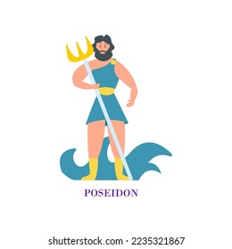 Ancient Greek god Poseidon cartoon illustration. Poseidon character isolated on white background. Archeology, mythology, history concept