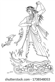 Ancient greek god Poseidon with fish around him. Black and white vector for card or gift, for coloring.