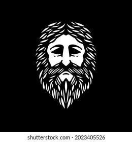 Ancient Greek God Sculpture Philosopher Face like Zeus Triton Neptune with Beard and Mustache Logo Design. Vintage style.