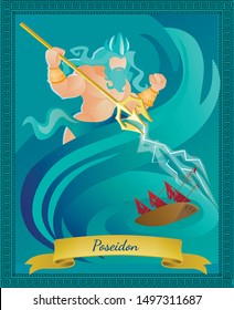 Ancient Greek God of Sea and Waters Poseidon in Crown with Gold Trident. Religion and Myth Greece Traditions and Rituals Character. Roman Neptune Ocean King. Cartoon Flat Vector Illustration, Banner