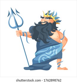 Ancient Greek god of sea and waters Poseidon, vector man in crown with gold trident religion and myth. Greece traditions and rituals isolated male character theology and legend Neptune ocean king