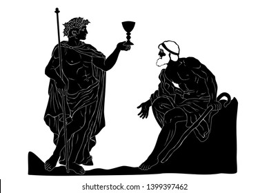 The ancient Greek god of wine Dionysus with a glass in his hands and the old man with a staff engaged in a dialogue. Vector image isolated on white background.