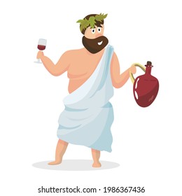 Ancient Greek god of winemaking. Dionysus. The mythological deities of Olympia. Wine. Bacchus or Dionysus. Vector illustration of the character of ancient greece. Harvest grapes, wine and fun.