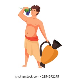 Ancient Greek god of winemaking. Dionysus. The mythological deities of Olympia. Wine. Bacchus or Dionysus. Vector illustration of the character of ancient greece. Harvest grapes, wine and fun.