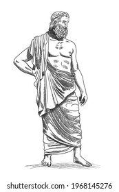 The ancient Greek god Zeus with a beard in a cape stands barefoot.