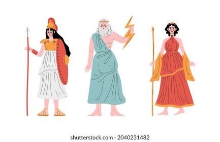 Ancient Greek God with Zeus Holding Lightning Bolt and Athena with Shield and Spear Vector Set