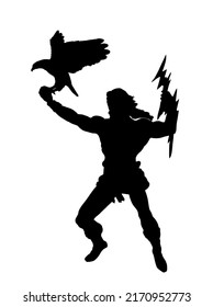 Ancient Greek God Zeus vector silhouette illustration isolated on white background. Powerful muscular man with eagle and lighting bolt in hands shadow. Mythology symbol of lord, Greece antique history