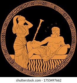 The Ancient Greek God Zeus And A Young Woman A Slave. Drawing On The Bottom Of An Antique Clay Pottery.