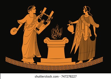 Ancient Greek goddess Aphrodite with a pitcher and god of marriage Hymen with a musical instrument. Drawing isolated on black background.