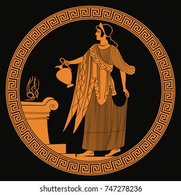 Ancient Greek goddess Aphrodite with a pitcher in her hands. Drawing on the vase on a black background.