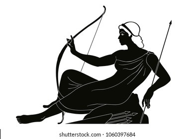 Ancient Greek goddess Artemis with a bow and arrows is in the tunic. Drawing isolated on white background.