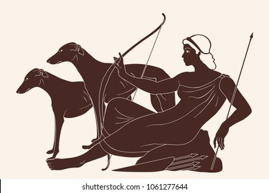 Ancient Greek goddess Artemis with a bow and arrows is in the tunic and two dogs. Drawing isolated on beige background.