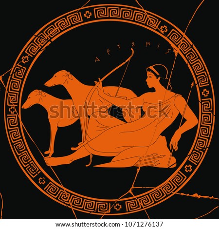 Ancient Greek goddess Artemis with a bow and arrows is in the tunic and two dogs. Drawing on a black background with the crack and aging effect.