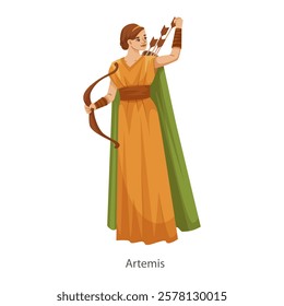 Ancient Greek goddess Artemis holding bow and arrows. Vector illustration