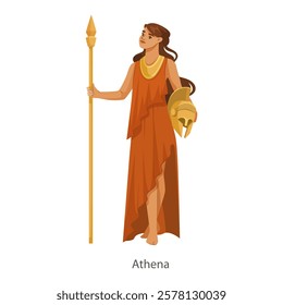 Ancient Greek goddess Athena holding spear and helmet. Vector illustration