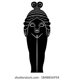 Ancient Greek goddess Baubo. Funny antique amulet idol. Female sculpture. Black and white silhouette. Apotropaic magic.