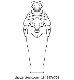 Ancient Greek goddess Baubo. Funny antique amulet idol. Female sculpture. Black and white linear silhouette. Apotropaic magic.