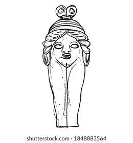 Ancient Greek goddess Baubo. Funny antique amulet idol. Female sculpture. Black and white linear silhouette. Hand drawn sketch. Apotropaic magic.