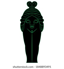 Ancient Greek goddess Baubo. Funny antique amulet idol. Female sculpture. Monochrome black and green silhouette. Apotropaic magic.