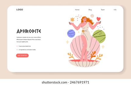 Ancient Greek Goddess concept. Illustration of Aphrodite emerging from a seashell, surrounded by celestial symbols. Love, beauty, and mythology in art. Vector illustration.