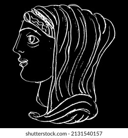 Ancient Greek goddess Hestia or Vesta. Female portrait. head in profile of antique woman in Hand drawn linear doodle rough sketch. White silhouette on black background.