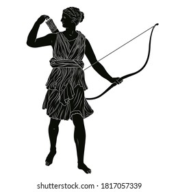 The ancient Greek goddess of the hunt Artemis with a bow and arrow in her hands.