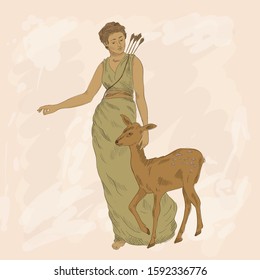 The ancient Greek goddess of hunting Artemis in a tunic with arrows behind his back is standing next to a small deer.